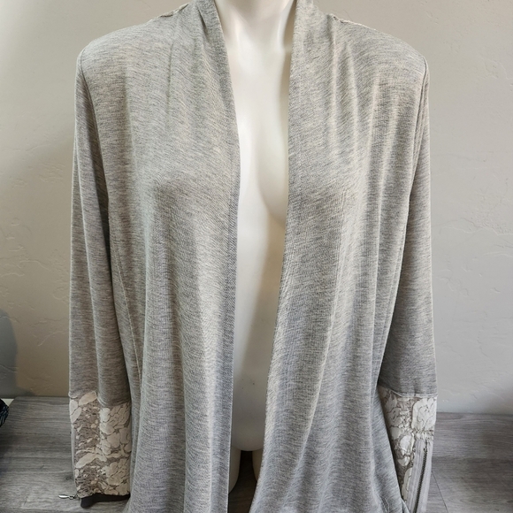 KNOX ROSE Gray White Openfront Cardigan Sweater‎ XL High Low Lace Cuffs/Back - Picture 1 of 15